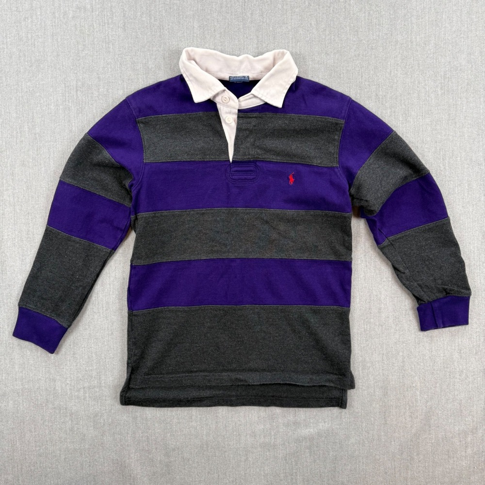 Polo Ralph Lauren Boys Purple Grey Striped Long Sleeve Rugby Shirt Size 6